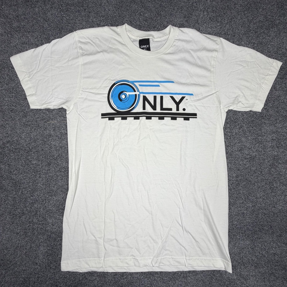 Only NY Mens Graphic T-Shirt White Cotton Short Sleeve Train Logo Size M USA